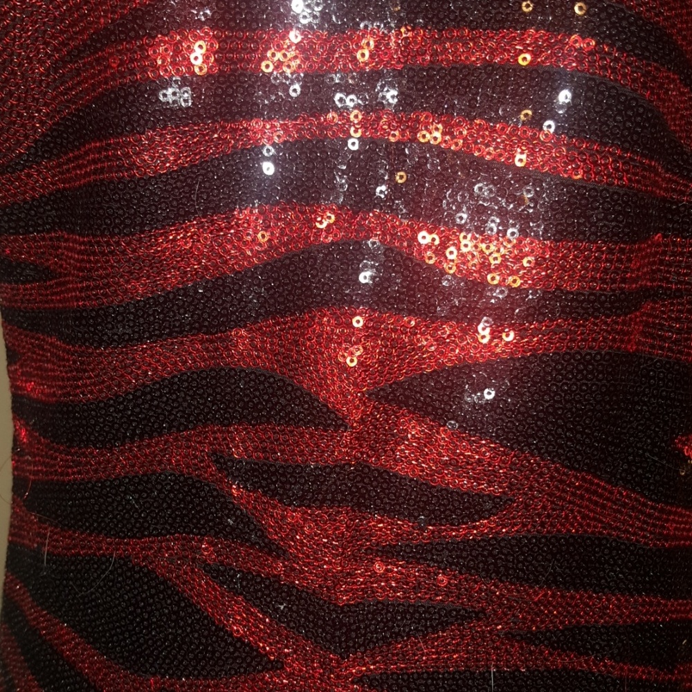 Asymmetrical Sequin Red & Black Zebra Print Top - image 2